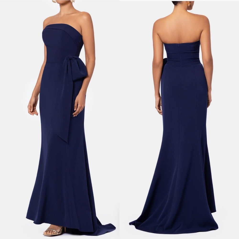 Betsy & Adam Bow Trumpet Strapless Gown Blue Dress New with Tags Size 6